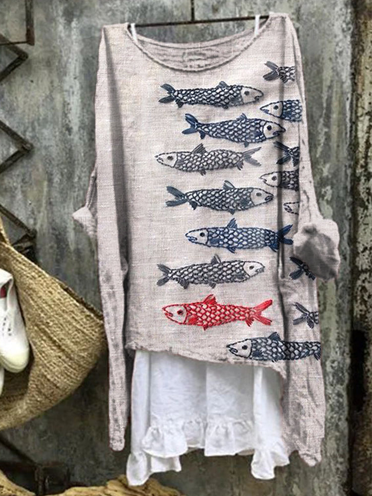 Comstylish Women's Japanese Art Fish Embroidery Linen Blend Shirt