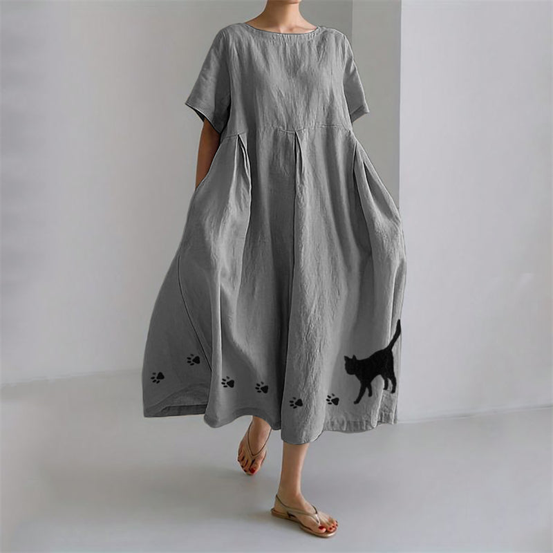 Comstylish Black Cat & Paw Prints Embroidered Linen Blend Maxi Dress