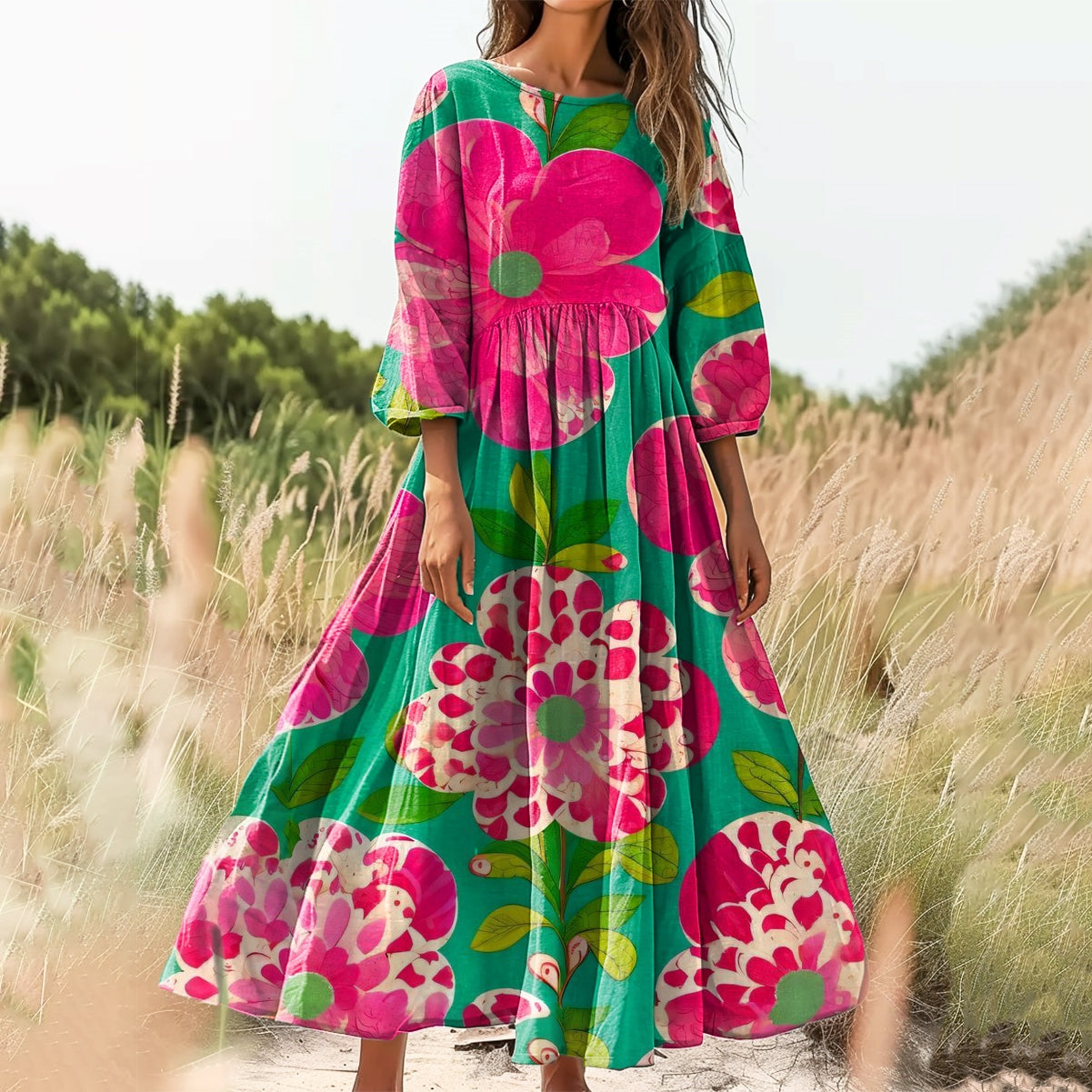 Women's Floral Art Print Cotton Crew Neck Dress