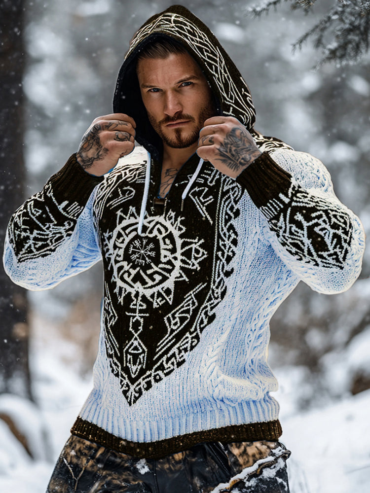 Men's Viking Tribal Jacquard Celtic Inspired Chunky Knit Hooded Sweater artswardrobe