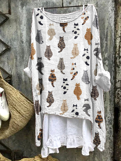 Comstylish Cute Cats Embroidery Pattern Linen Blend Casual Shirt