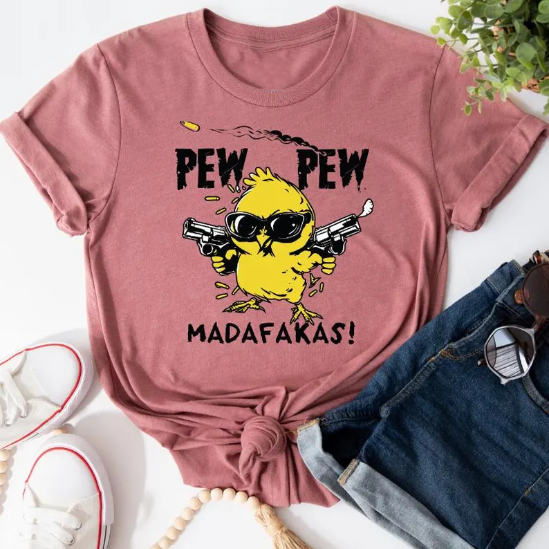 Comstylish Pew Pew Madafakas Print Crew Neck Short Sleeve T-shirt