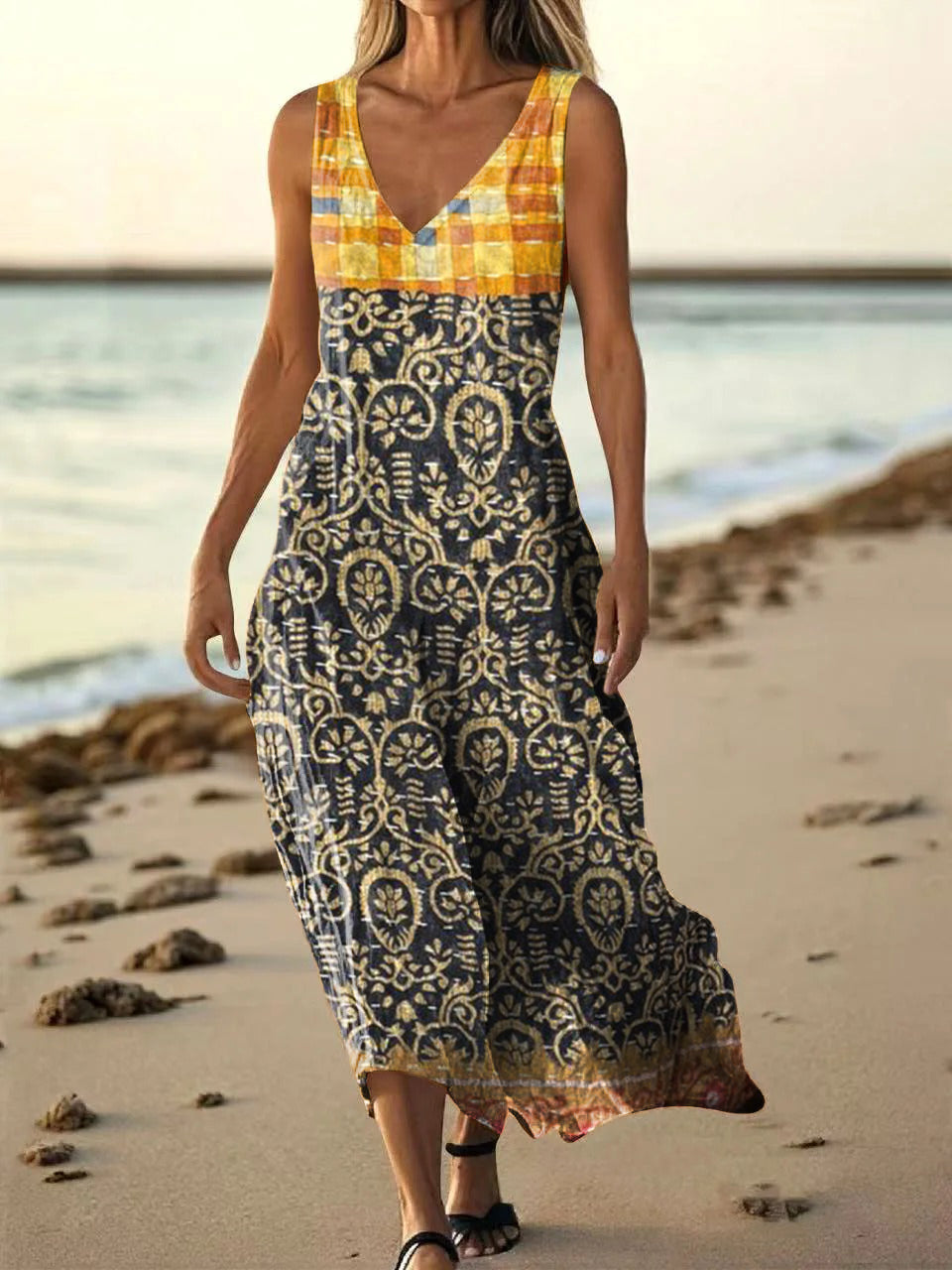 Women's Vintage Ethnic Floral Art Print Pocket Cotton Dress