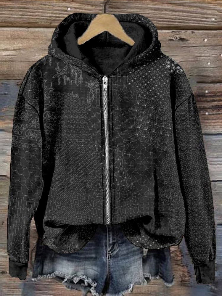 Comstylish Japanese Traditional Sashiko Art Comfy Zip Up Hoodie