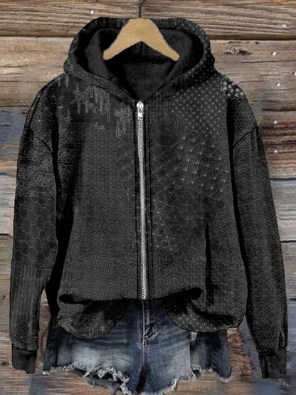 Comstylish Japanese Traditional Sashiko Art Comfy Zip Up Hoodie