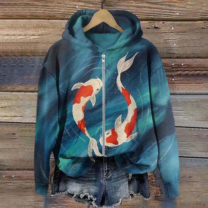 Comstylish Japanese Carp Sfumato Art Print Zip Hoodie