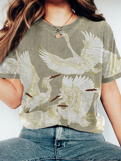 Comstylish Dancing Cranes Crew Neck Vintage Washed T Shirt