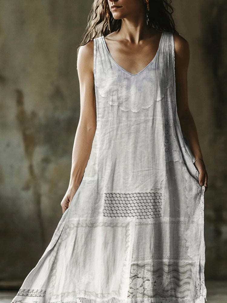 Boho Lace Patchwork Women's Linen Vest Maxi Dress artswardrobe