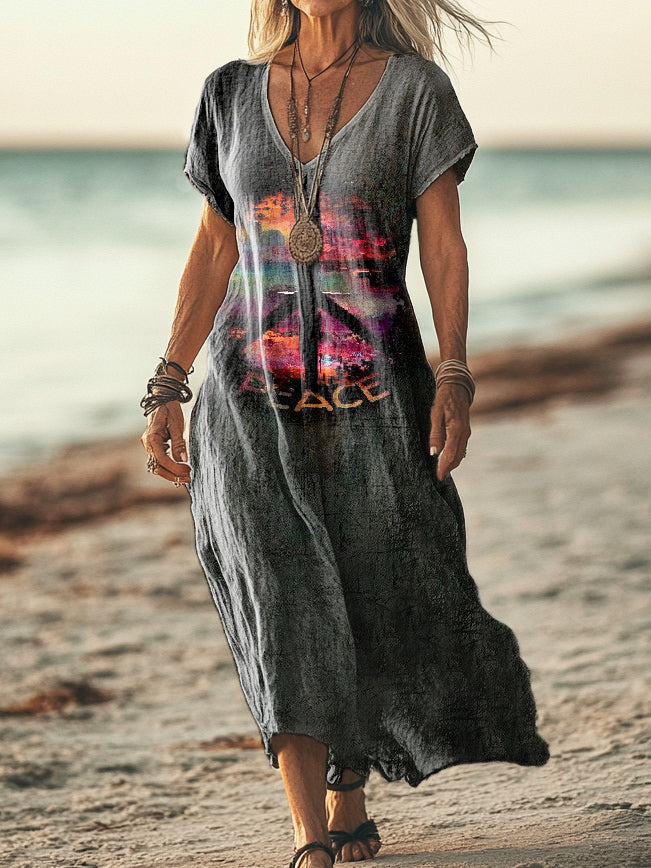 Women's Hippie Art Print Pocket Cotton Dress