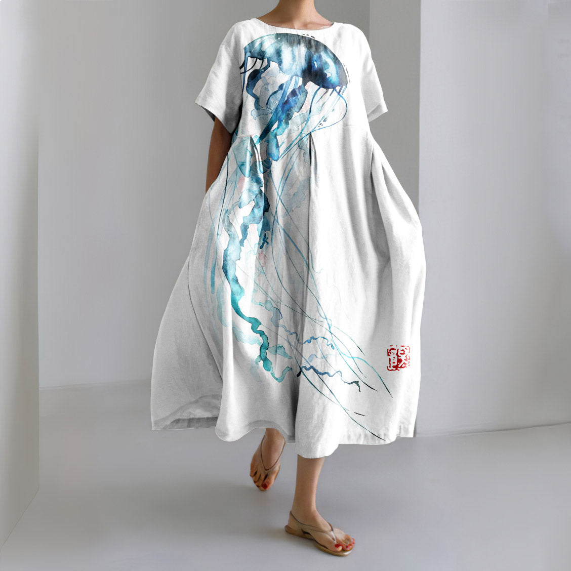 Comstylish Japanese Art Jellyfish Print Short Sleeve Loose Midi Dress