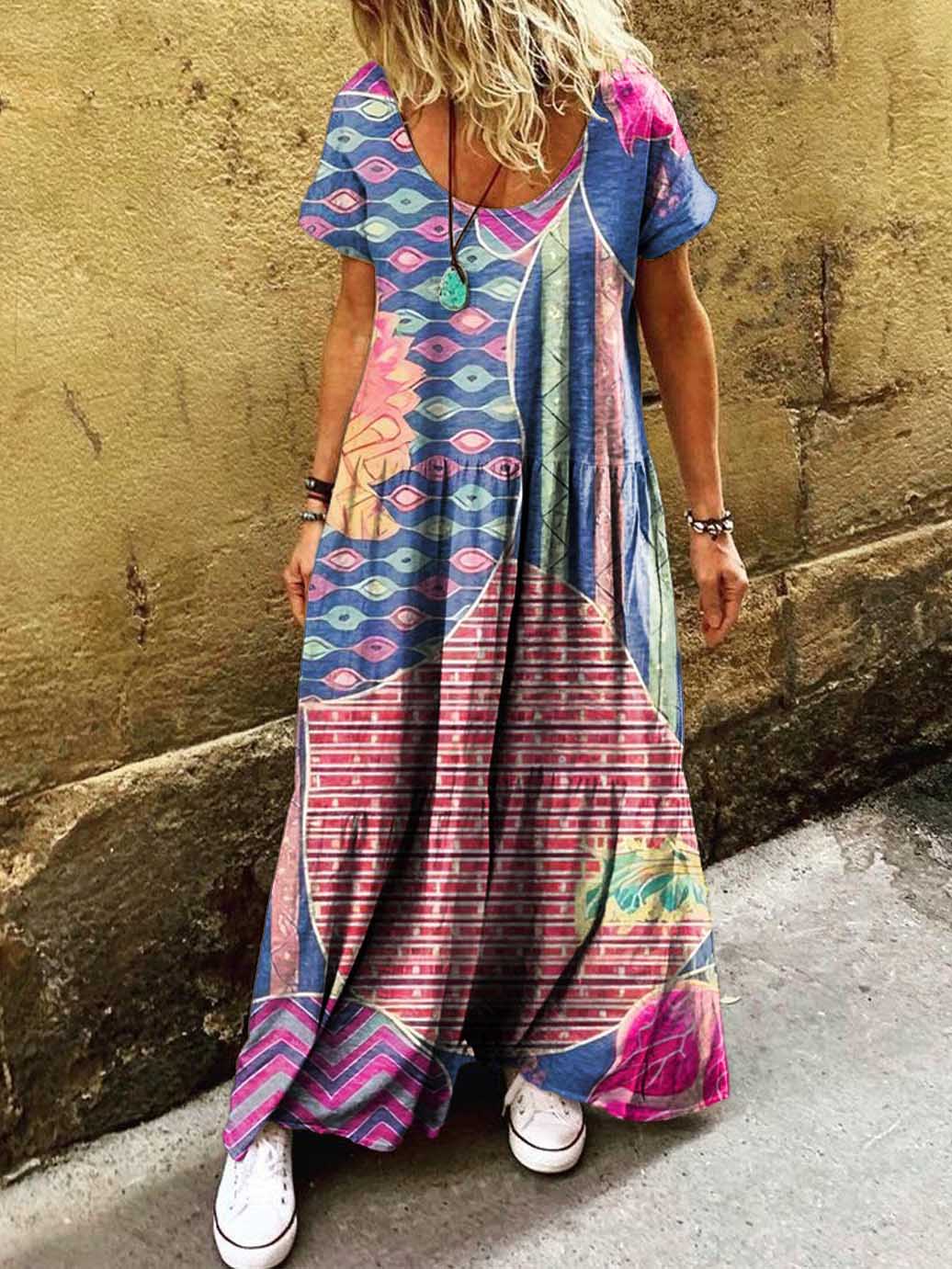 Women's Irregular Patchwork Pattern Art Print Pocket Short Sleeve Cott