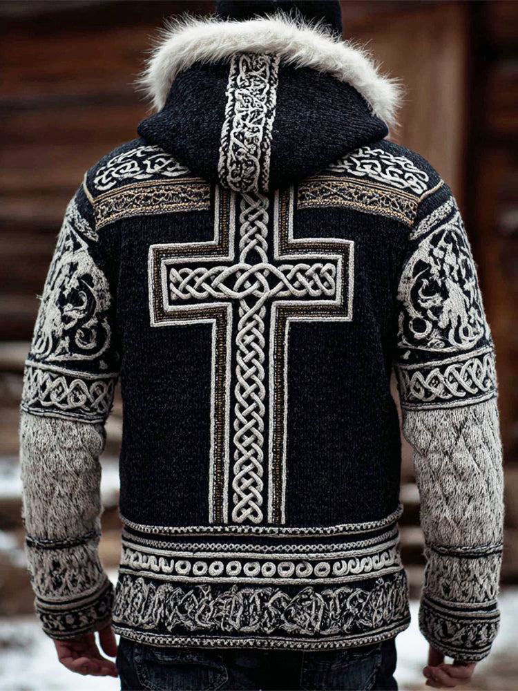 Irish Cross Pattern Men's Knit Hooded Wool Collar Zipper Jacket artswardrobe