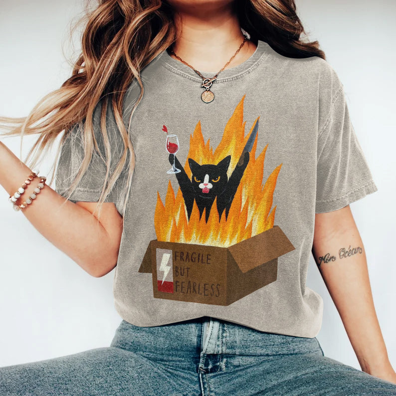 Fragile But Fearless Cat Print Short Sleeve T-Shirt elevenforest