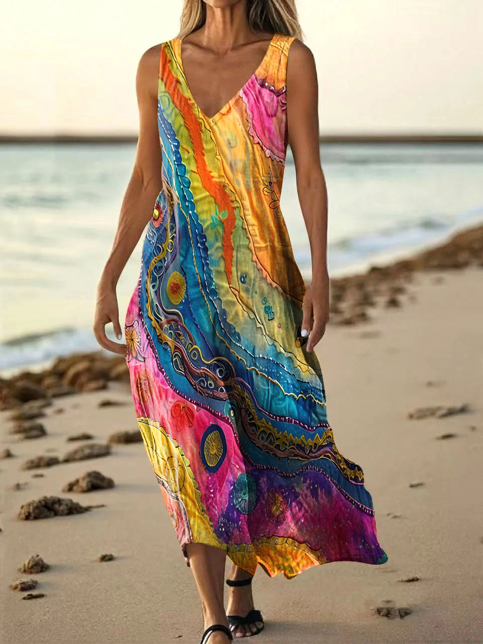 Women's Colorful Lines Texture Art Print V-neck Sleeveless Pocket Cott