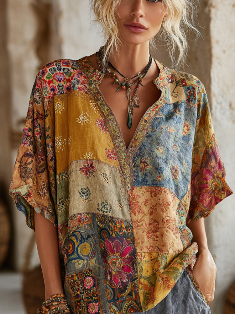 Bohemian Style Patchwork Print Vintage Tie-dye V-neck Short-sleeved Shirt artswardrobe