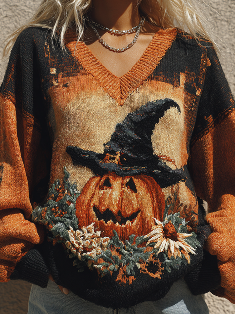Halloween Theme Women's V-neck Knitted Sweater artswardrobe
