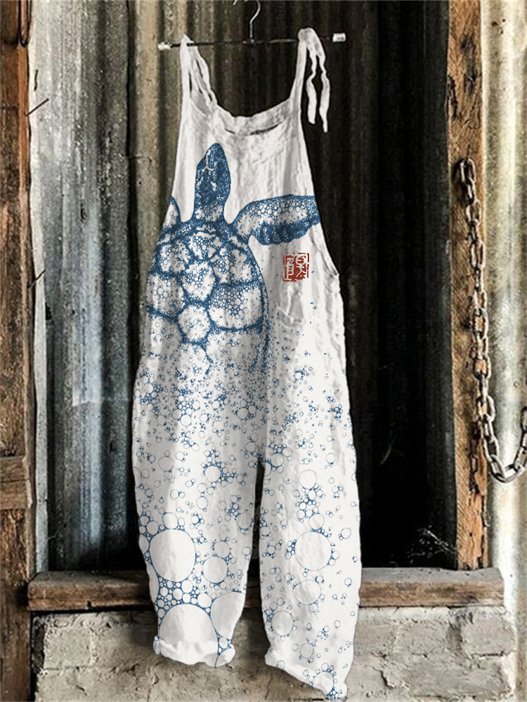 Comstylish Sea Turtle Japanese Lino Art Linen Blend Jumpsuit