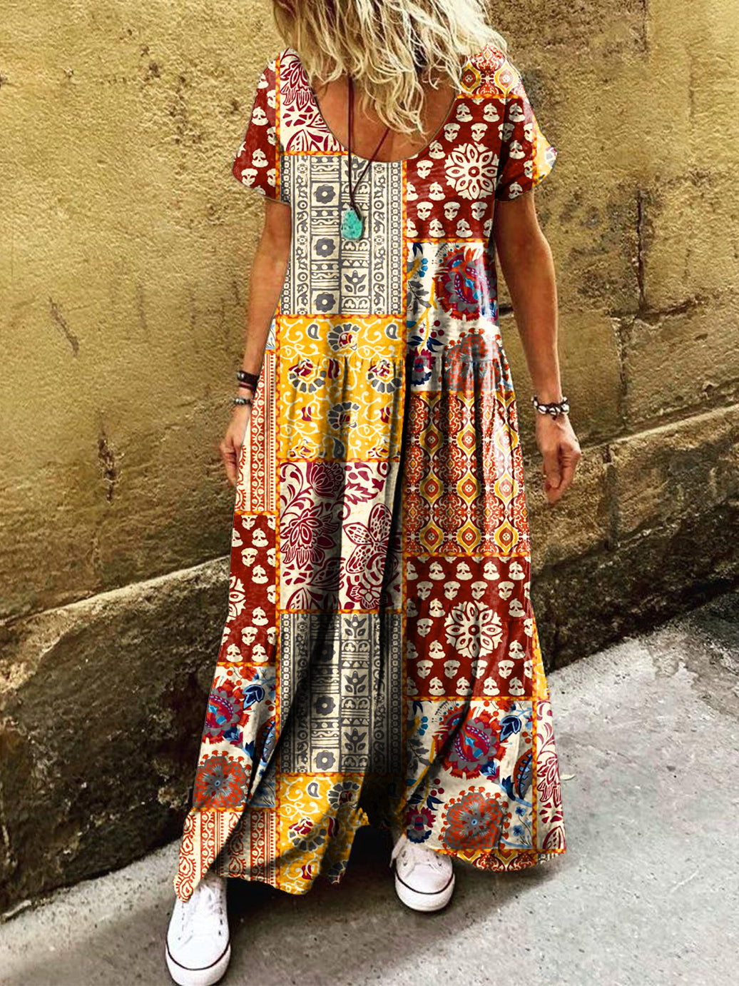 Women's Vintage Boho Ethnic Collage Art Print Pocket Short Sleeve Cott