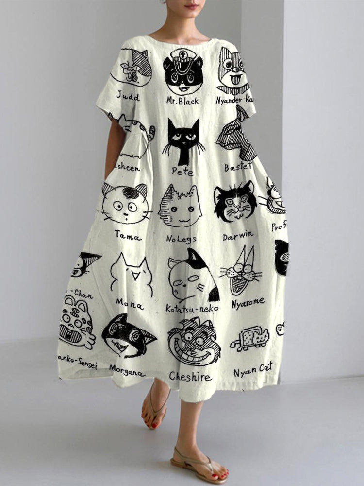 Comstylish Cute Black Cat Print  Linen Blend Maxi Dress