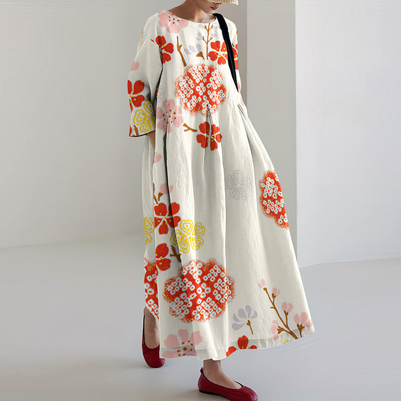 Comstylish Japanese Art Flower Print Loose Casual Midi Dress