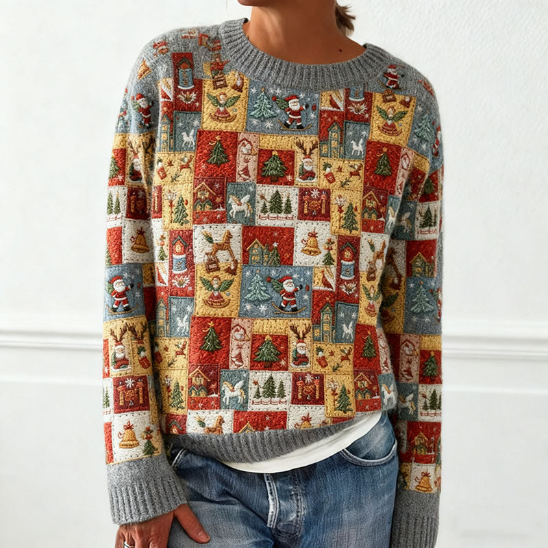 Women's Christmas Patchwork Print Cozy Knit Sweater artswardrobe