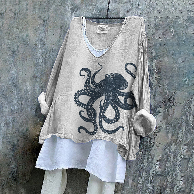 Comstylish Vintage Japanese Art Octopus V Neck Linen Blend Shirt