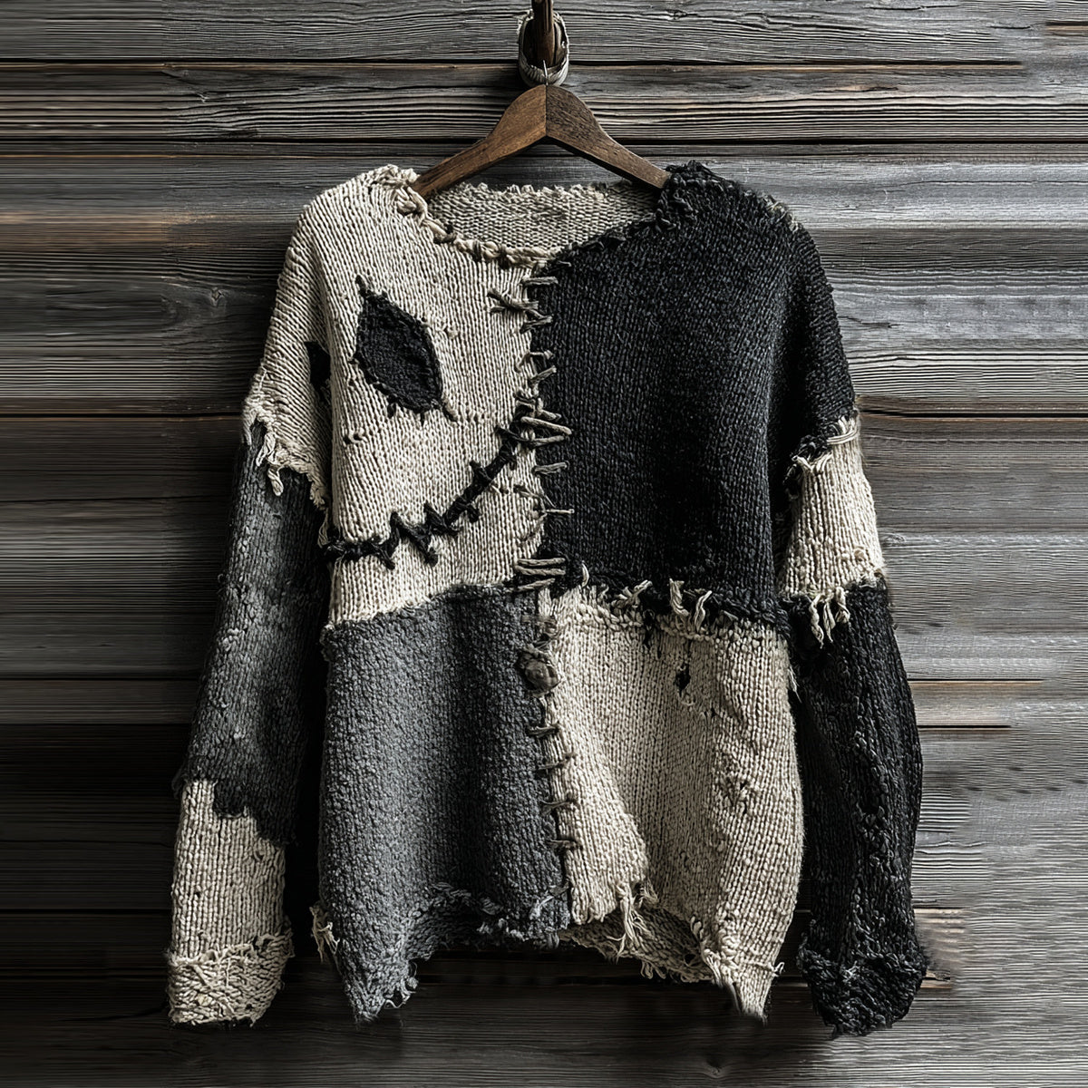 Vintage Halloween Spooky Face Sewn Knitted Crew Neck Cozy Sweater artswardrobe