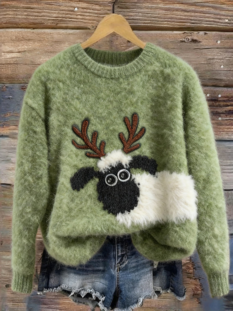 Christmas Farm Sheep With Reindeer Horns Cozy Sweater artswardrobe