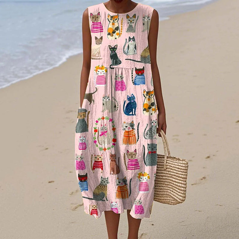 Women's Cute Cat Art Print Linen Dress elevenforest