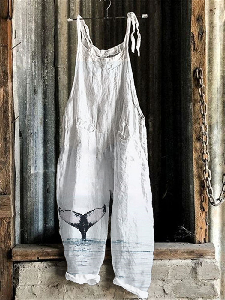 Comstylish Whale Tail Art Print Linen Blend Casual Jumpsuit