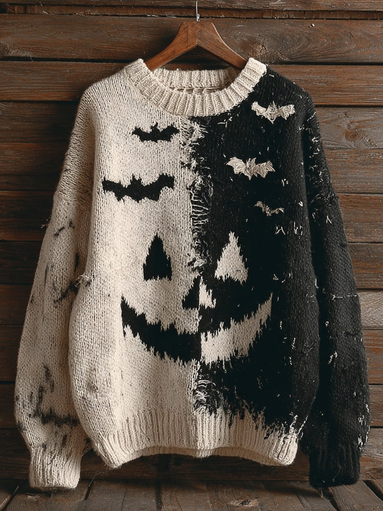 Vintage Halloween Pumpkin Face & Bats Contrast Color Knitted Sweater artswardrobe