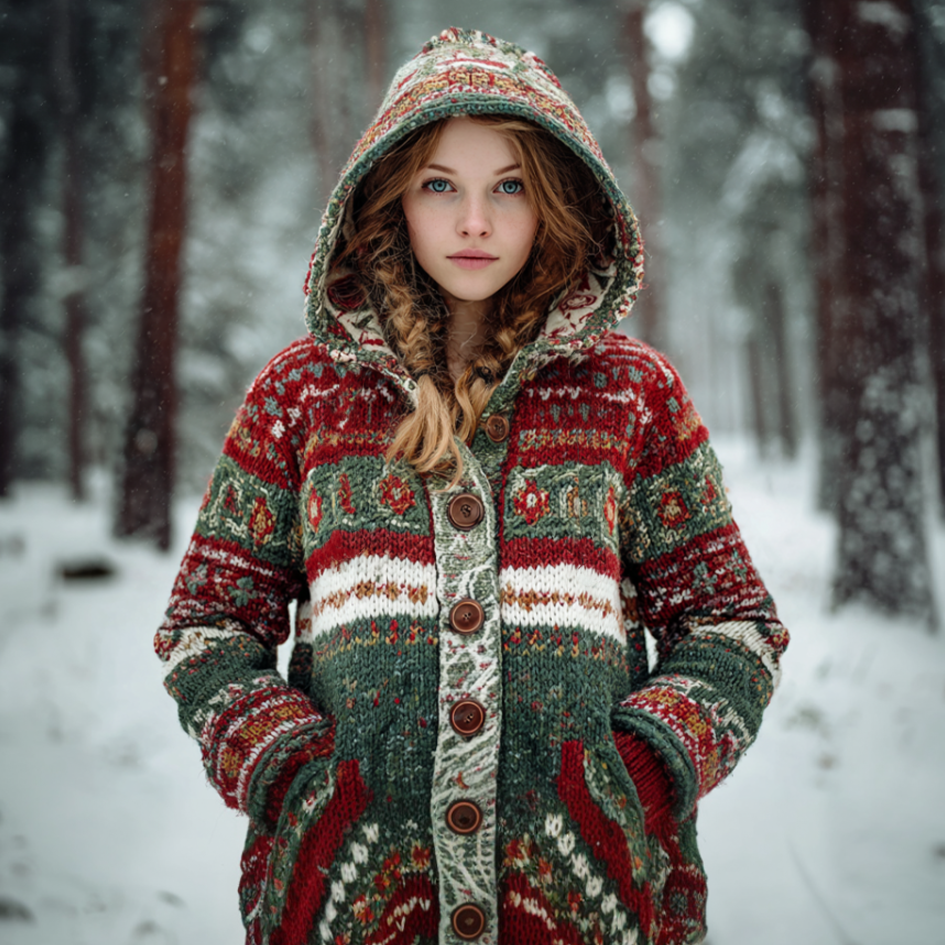 Comstylish Women's Retro Christmas Printed Winter Warmth Knit Hooded Sweater Coat