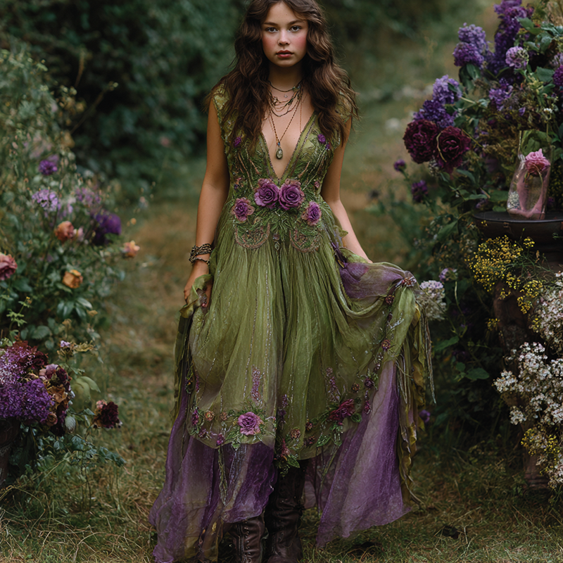 Vintage Purple Gilded Rose Embroidery Sleeveless V-neck Dress artswardrobe