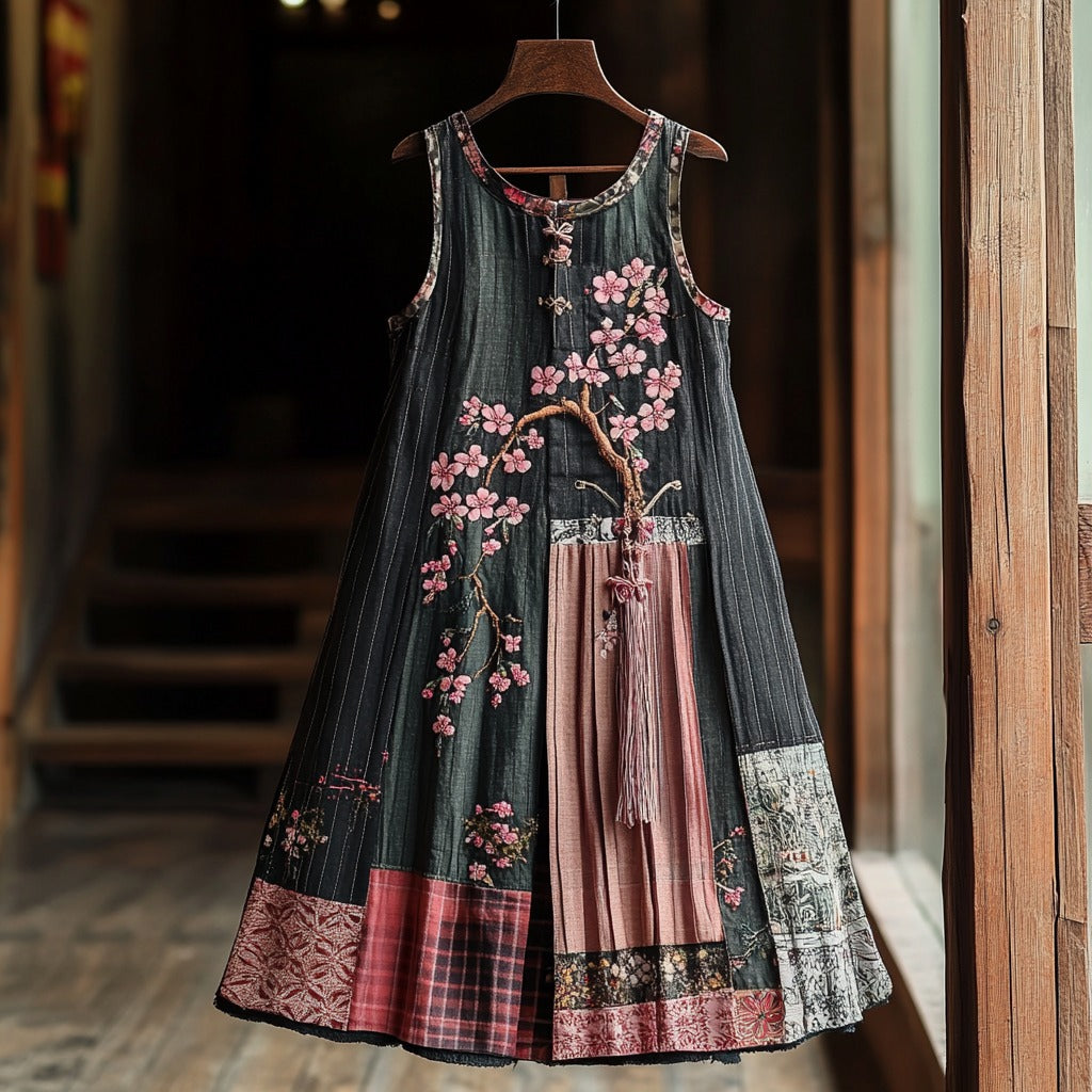 Women's Cherry Blossom Embroidery Patchwork Art Linen Tank Dress artswardrobe