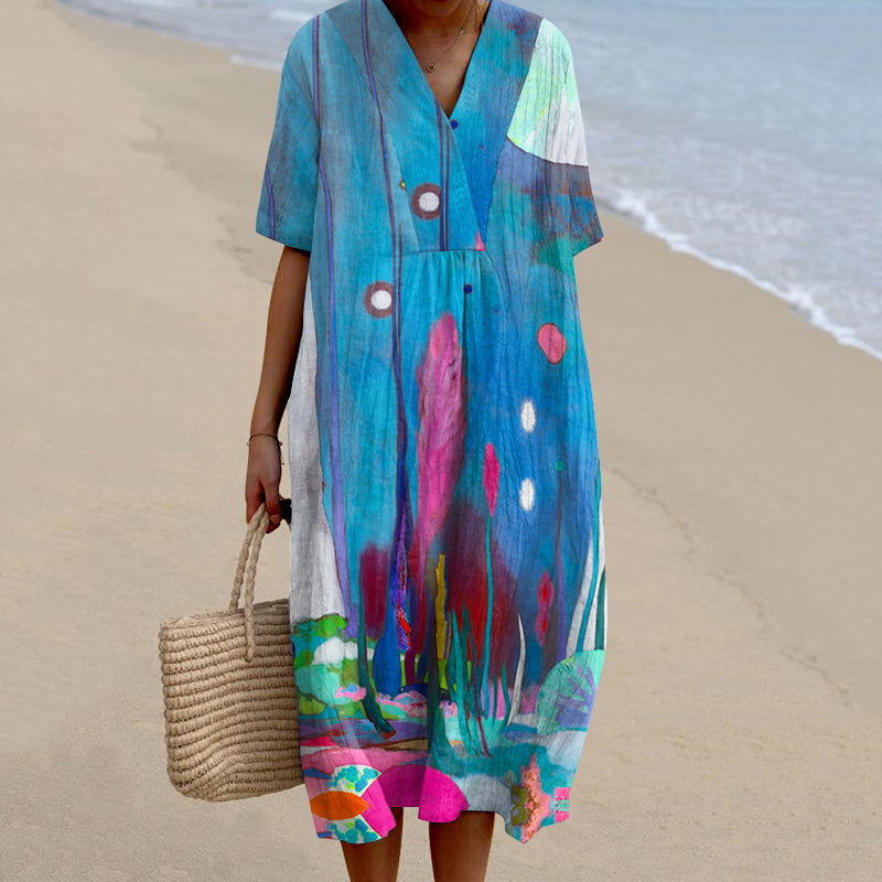 Comstylish Abstract Floral V-Neck Dress