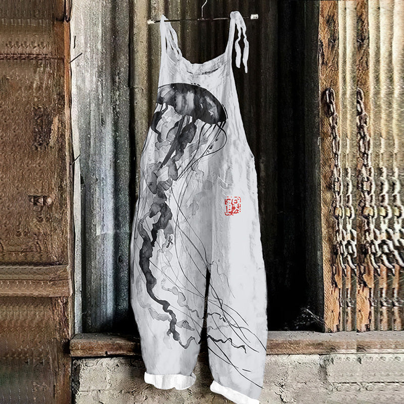 Comstylish Japanese Art Jellyfish Print Casual Linen Blend Jumpsuit
