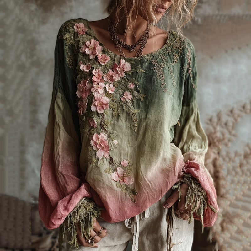 Comstylish Vintage Cherry Blossom Gradient Linen Long Sleeve Shirt