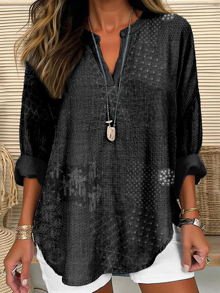 Comstylish Japanese Traditional Sashiko Art Linen Blend Tunic