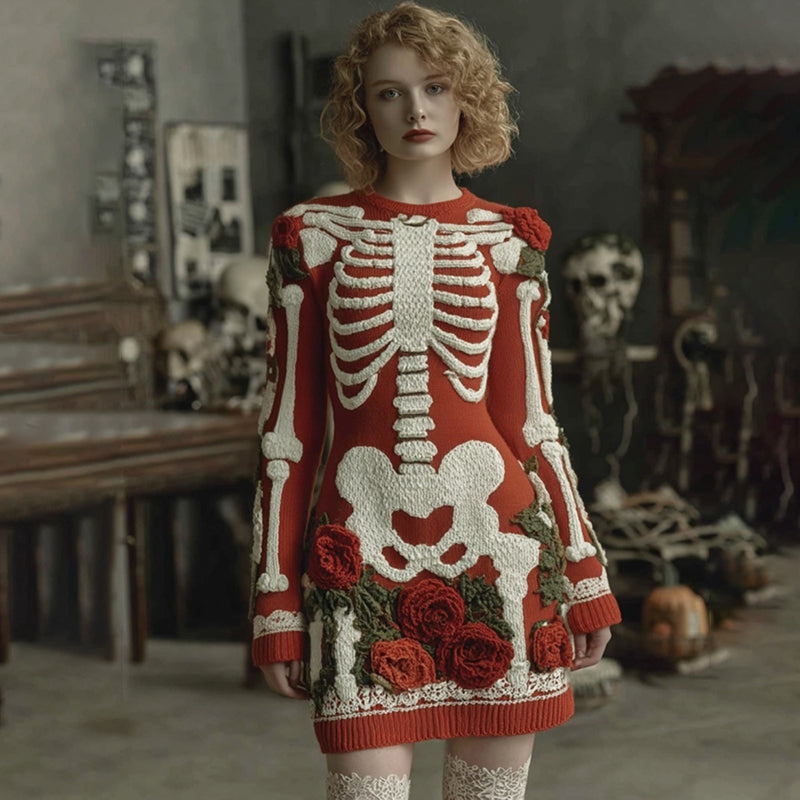 Comstylish Women's Vintage Halloween Skeleton Bones Rose Comfortable Elegant Sweater Dress