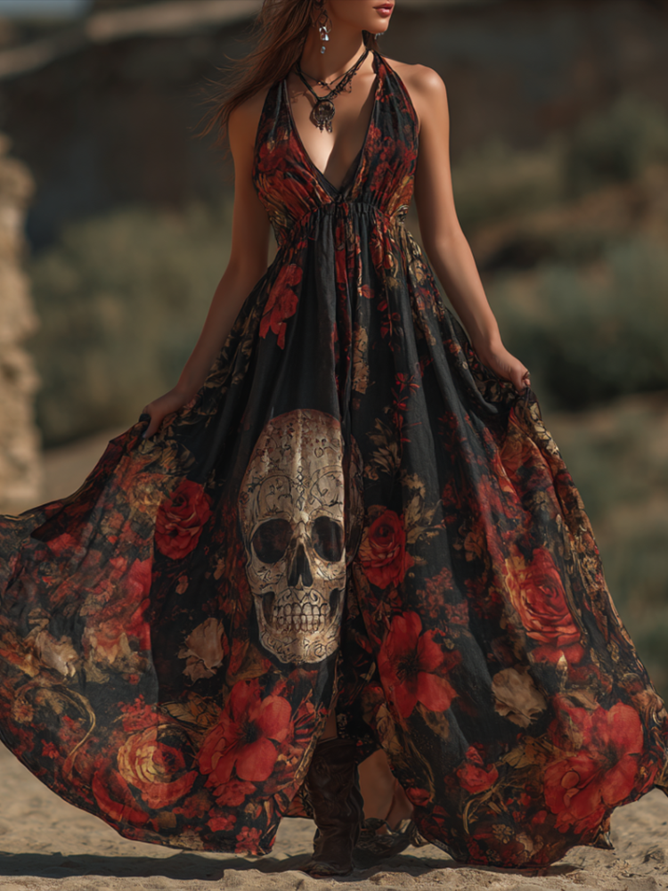 Halloween Theme Rose And Skull Pattern Women's V-neck Long Dress artswardrobe