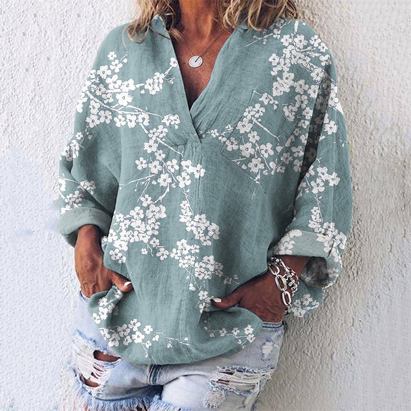 Comstylish Vintage Cherry Blossoms Japanese Art Linen Blend Tunic