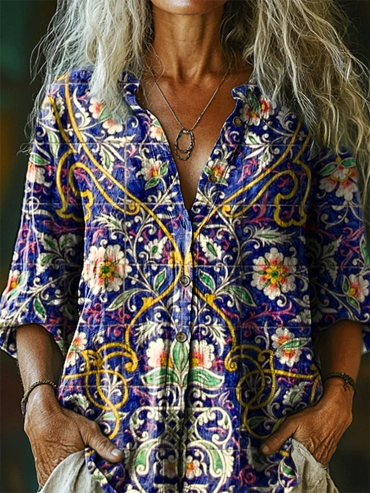 Women's Vintage Ethnic Floral Art Print Casual Cotton Linen Shirt