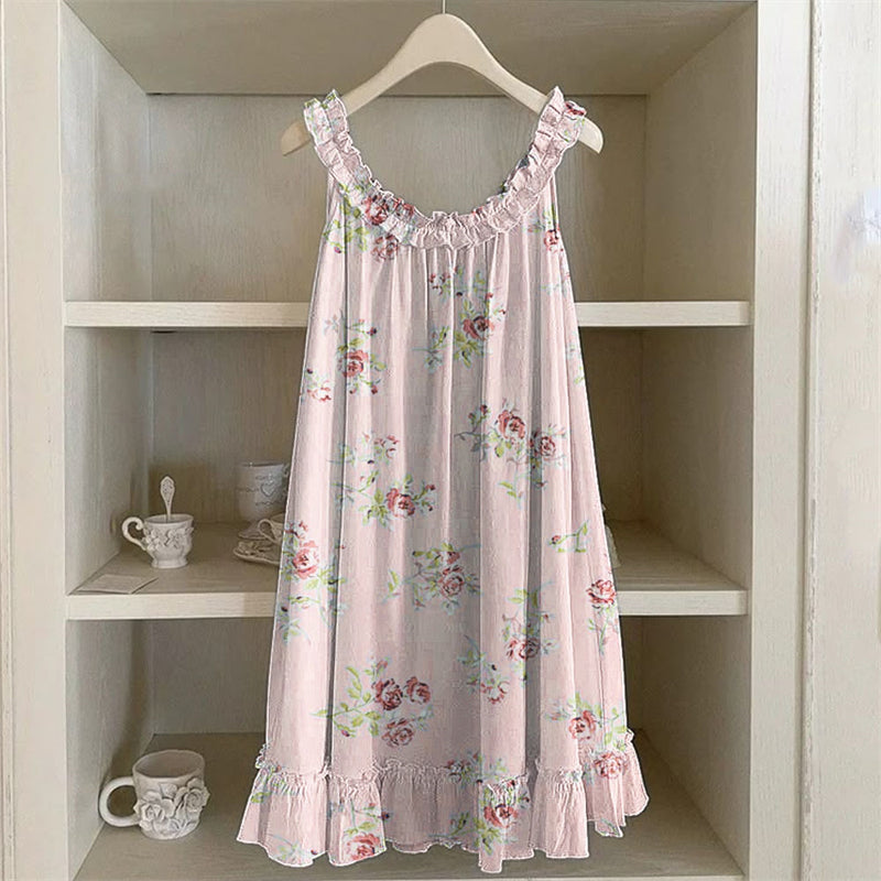 Vintage Roses Floral Ruffle Trim Linen Dress artswardrobe