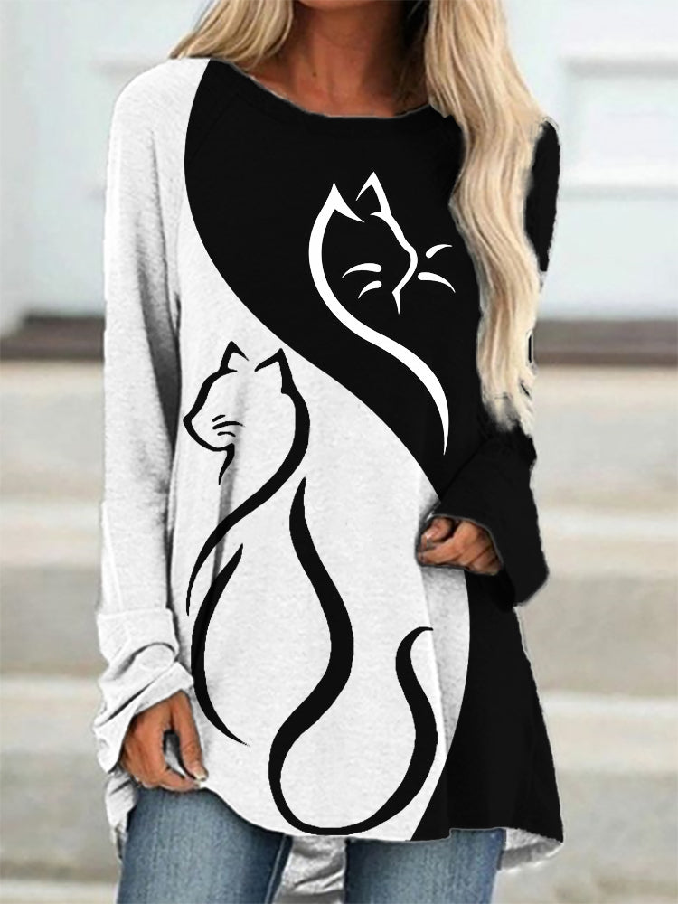 Cat Line Art Contrast Color A Line T Shirt elevenforest