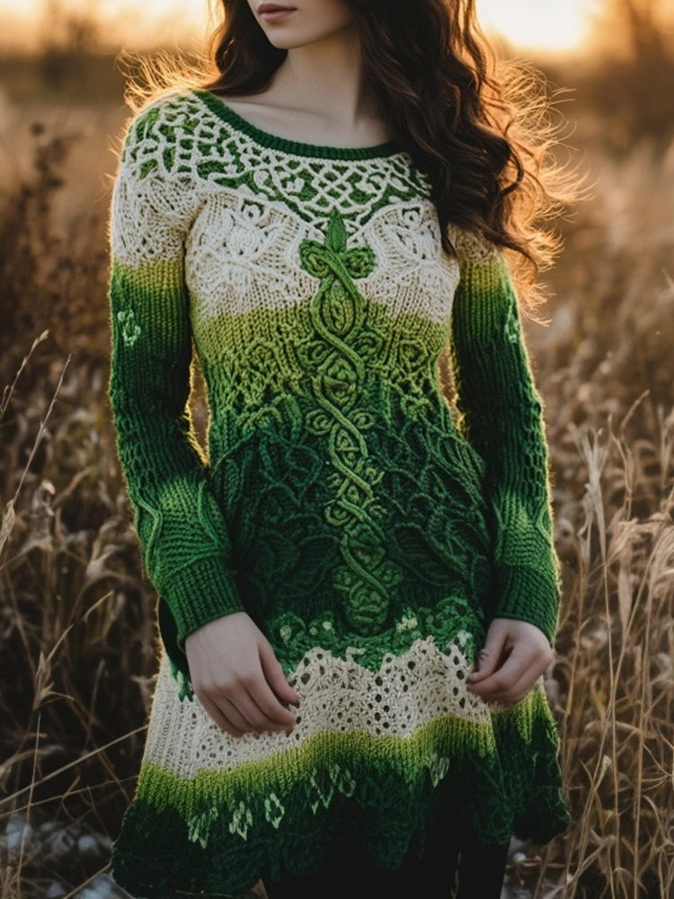 Retro Irish Celtic Jacquard Gradient Chunky Cozy Sweater Dress artswardrobe