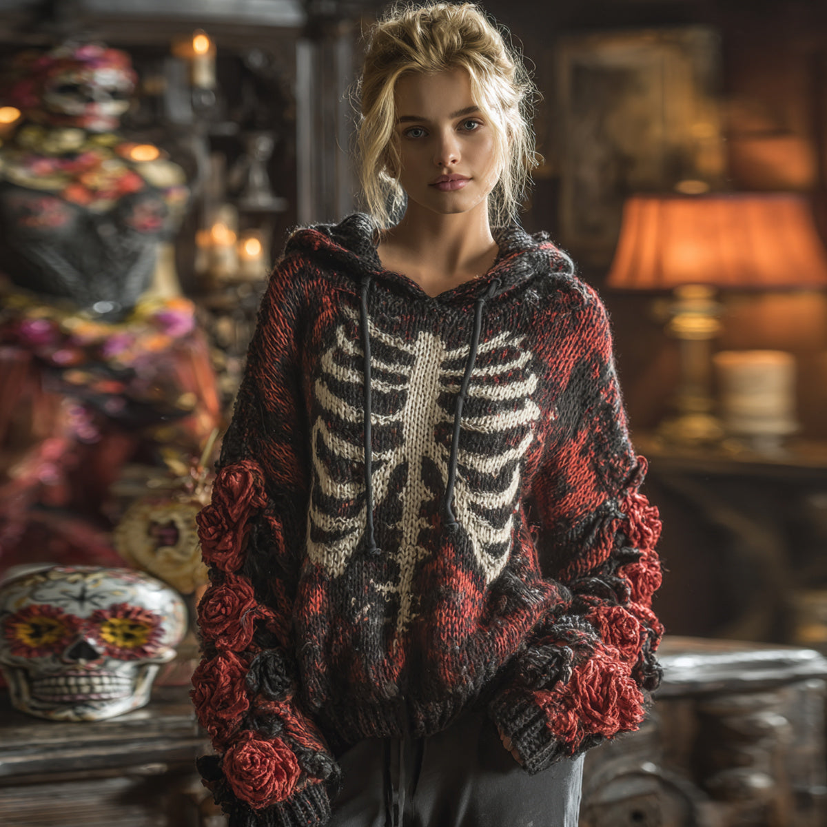 Comstylish Vintage Halloween Anatomy Floral Chunky Knitted Hooded Sweater