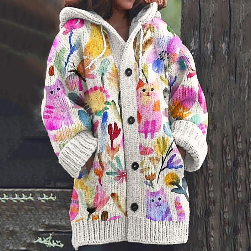 Women's Colorful Floral And Cat Art Hooded Cardigan Sweater elevenforest