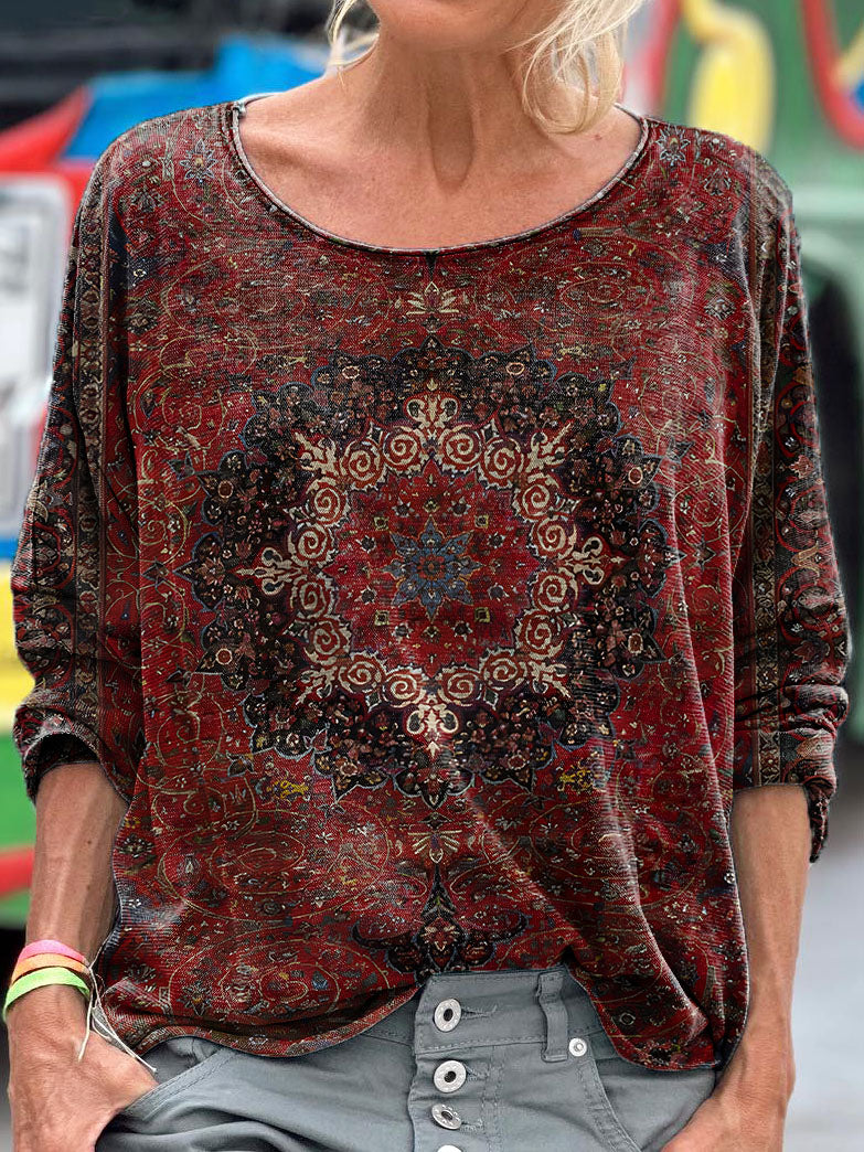 Retro National Flowers pattern Women's Art Print Casual Long Sleeve T-