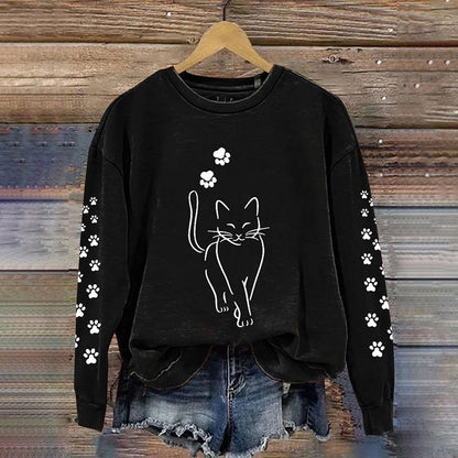 Cute Cat Print Crew Neck Sweatshirt elevenforest