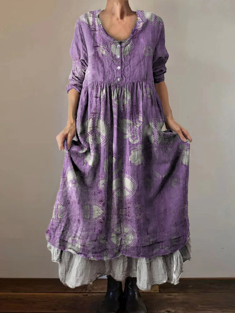 Women's Hippie Pattern Art Print V-Neck Button Pocket Cotton Dress